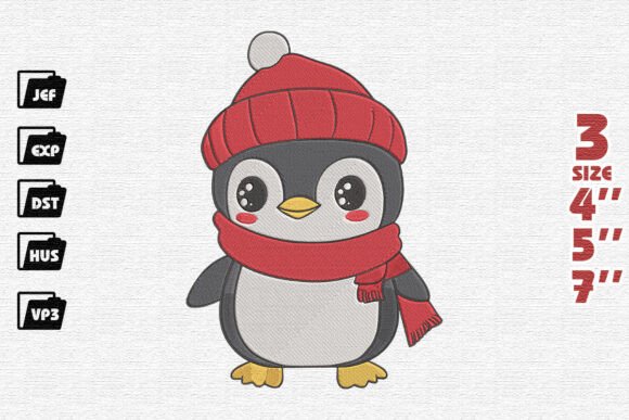 Cute Christmas Penguin in Red Beanie Embroidery Design