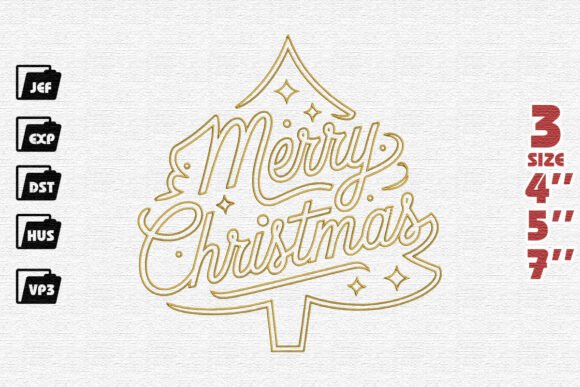 Golden Merry Christmas Tree Typography Embroidery Design Review