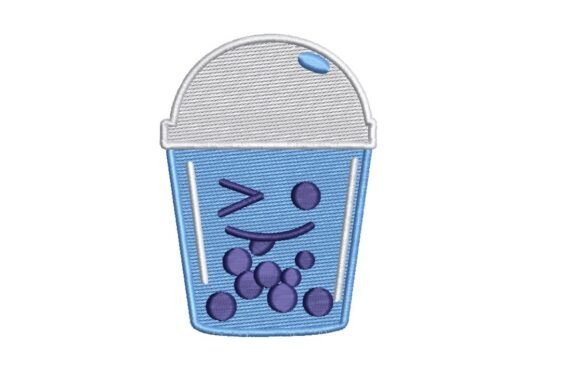 Kawaii Winking Blueberry Boba Tea Embroidery Design